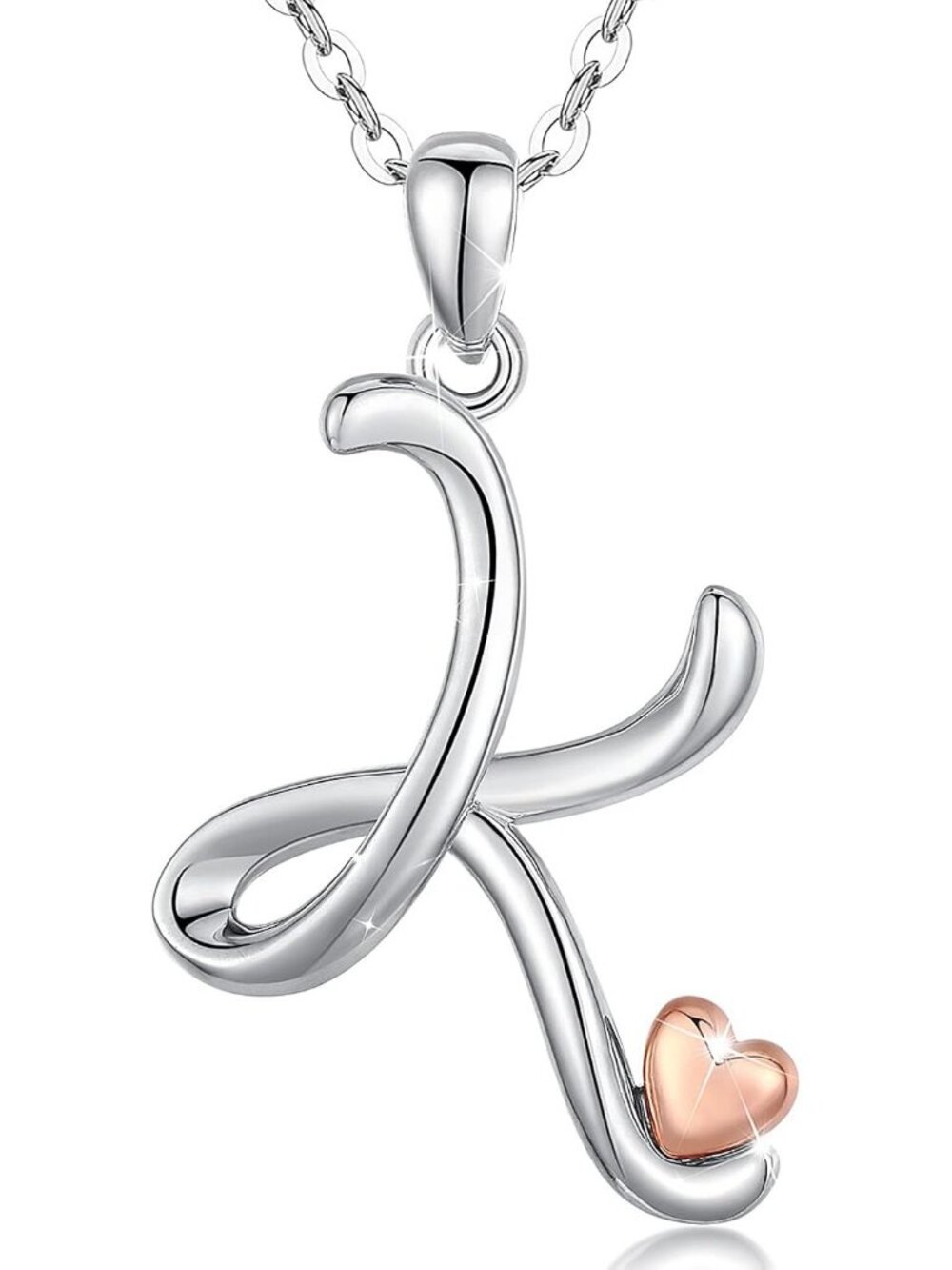 Women's Initial K Necklace Sterling Silver Letter Pendant Rose Gold Heart Chain